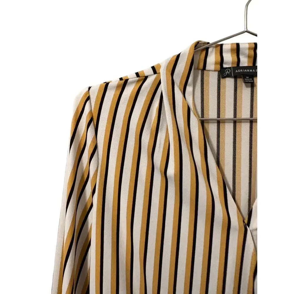 Adrianna Papell Whire, Yellow and Black Stripe Faux Wrap Top M